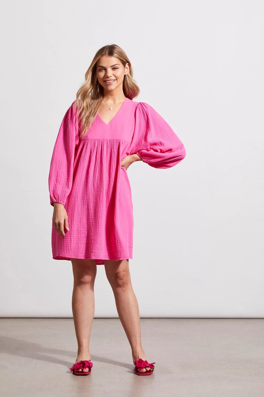 Hot Pink Cotton Gauze Puffy Sleeve Dress