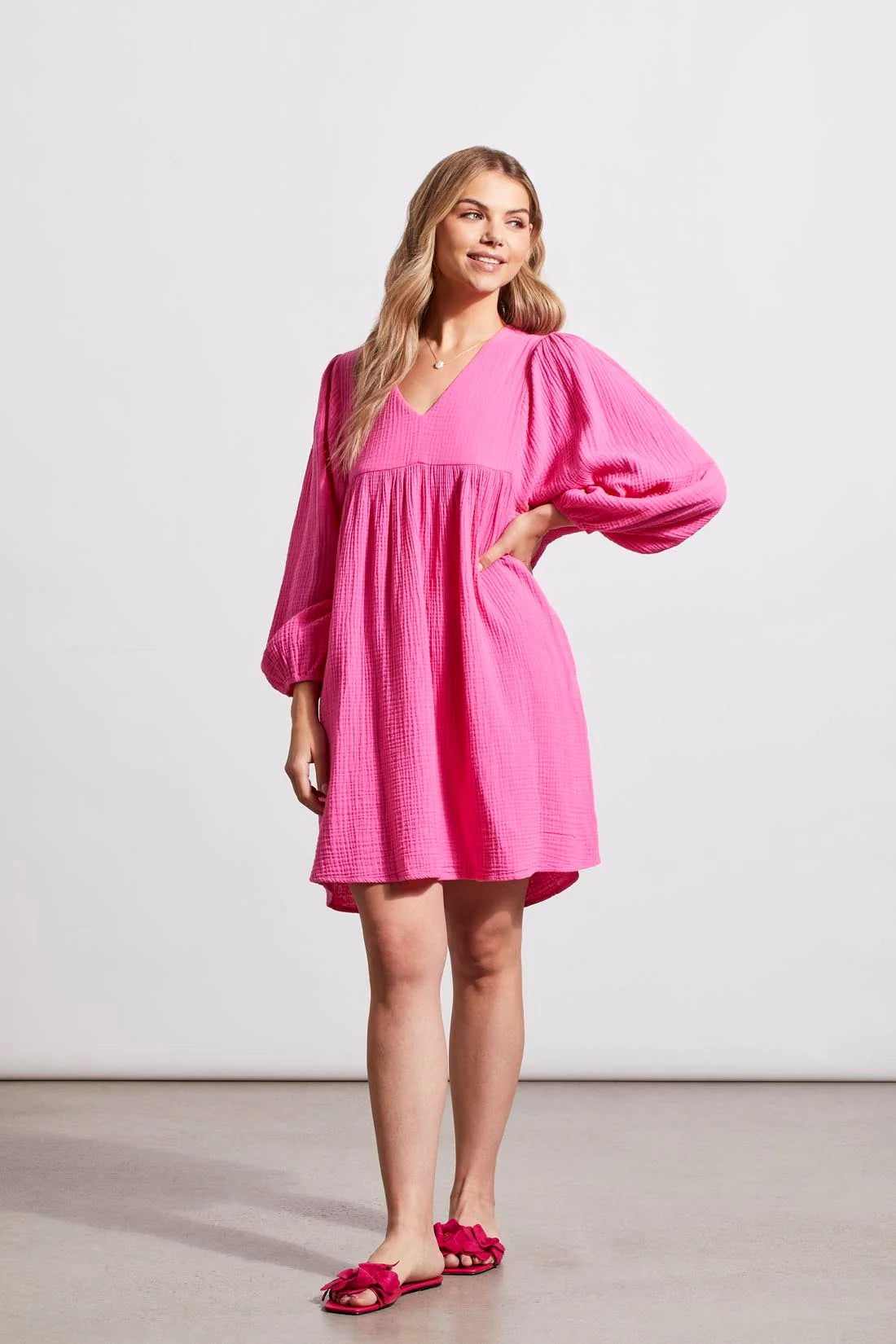 Hot Pink Cotton Gauze Puffy Sleeve Dress