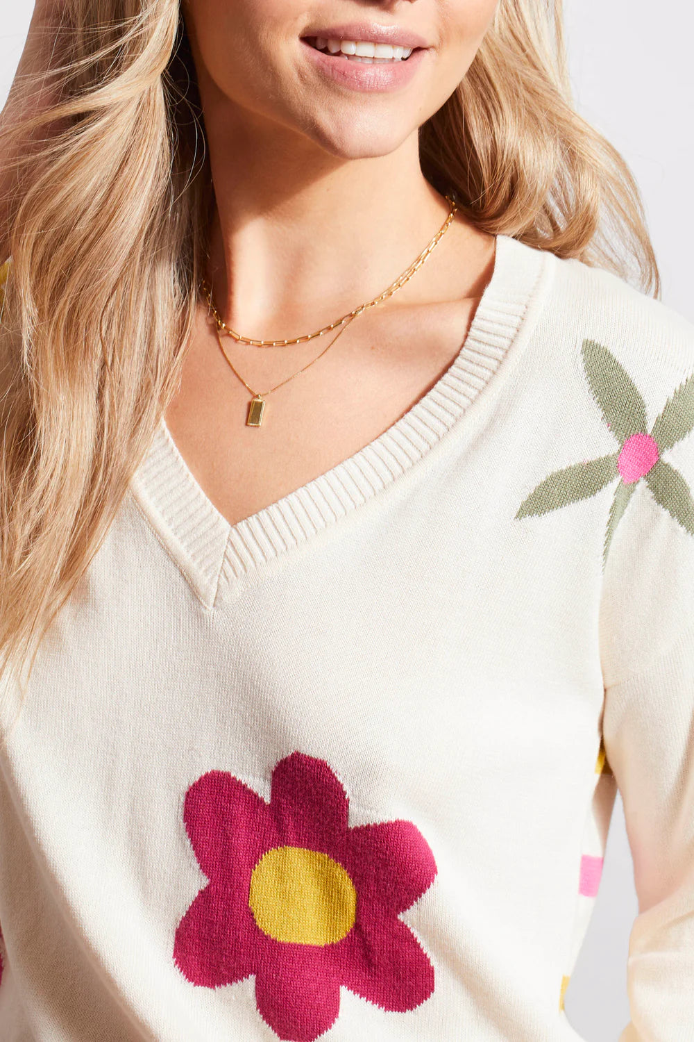 Tribal 3/4 Slv V-Neck Jacquared Sweater Sandust Milti