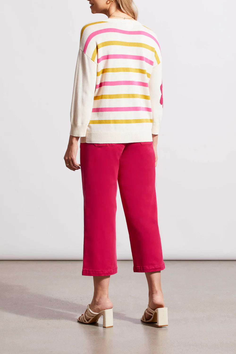 Tribal 3/4 Slv V-Neck Jacquared Sweater Sandust Milti