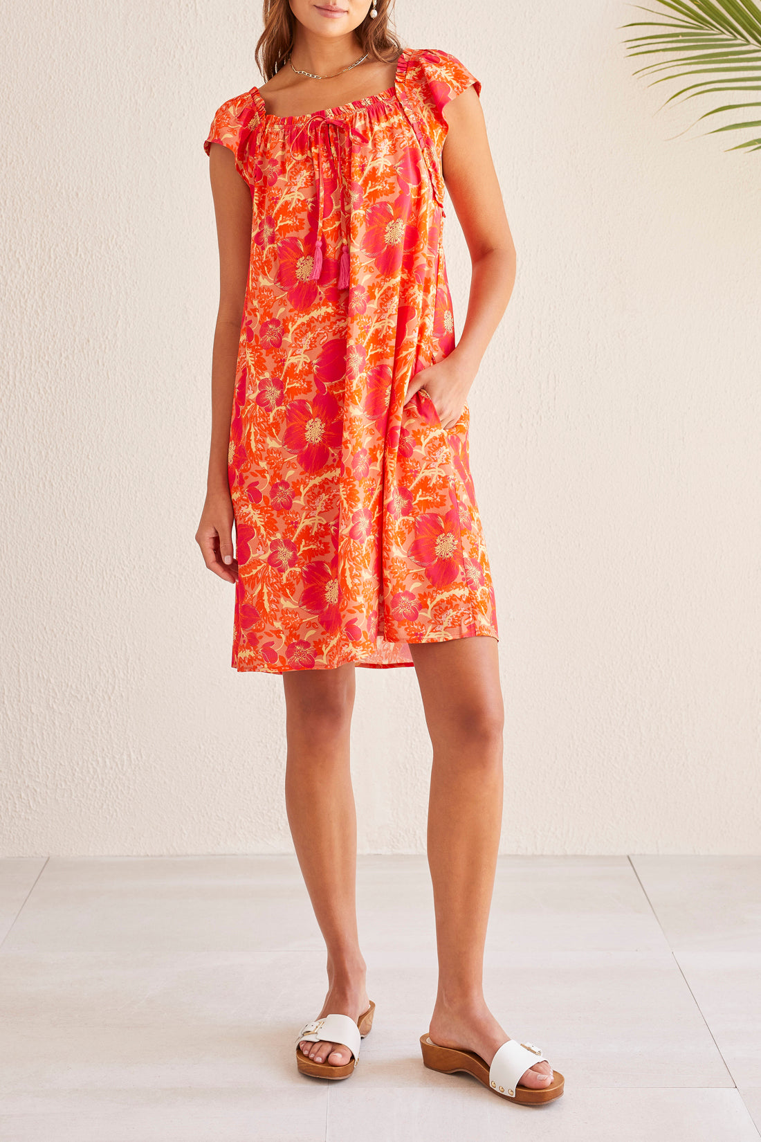 Lined Shortsleeve Dress W/ Tie Front-Raspberry