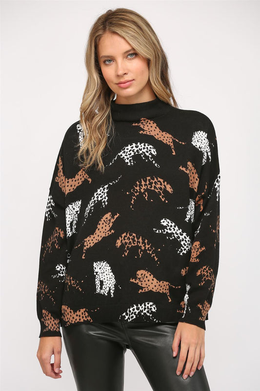 Animal Print Black Mock Neck Sweater