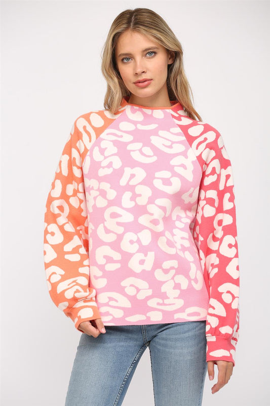 Colorblock Animal Pattern Funnel Neck Sweater