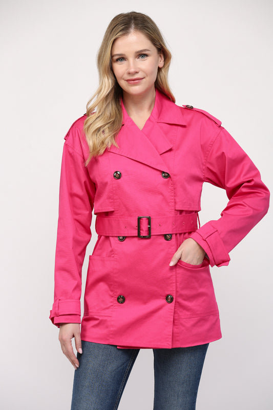 Fuchsia Belted Short Trench Coat