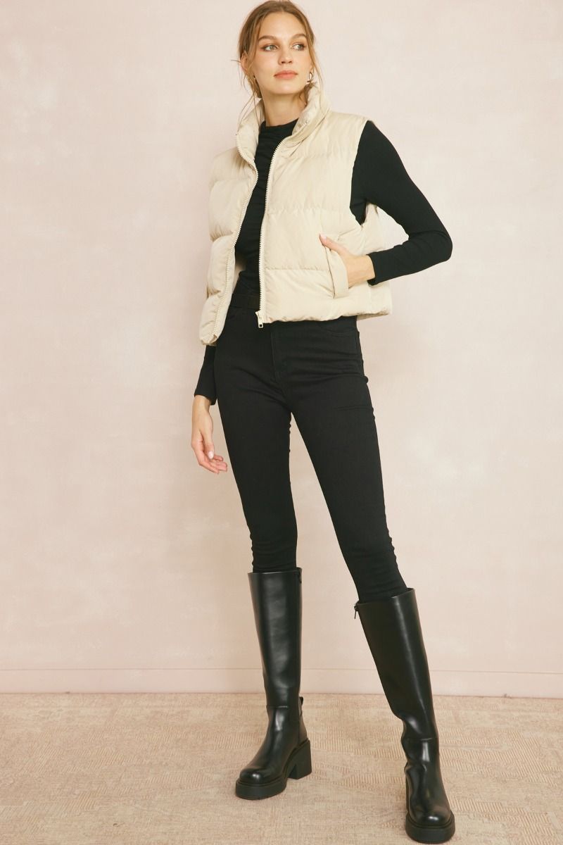 Sand Cropped Puffer Zip-Up Vest