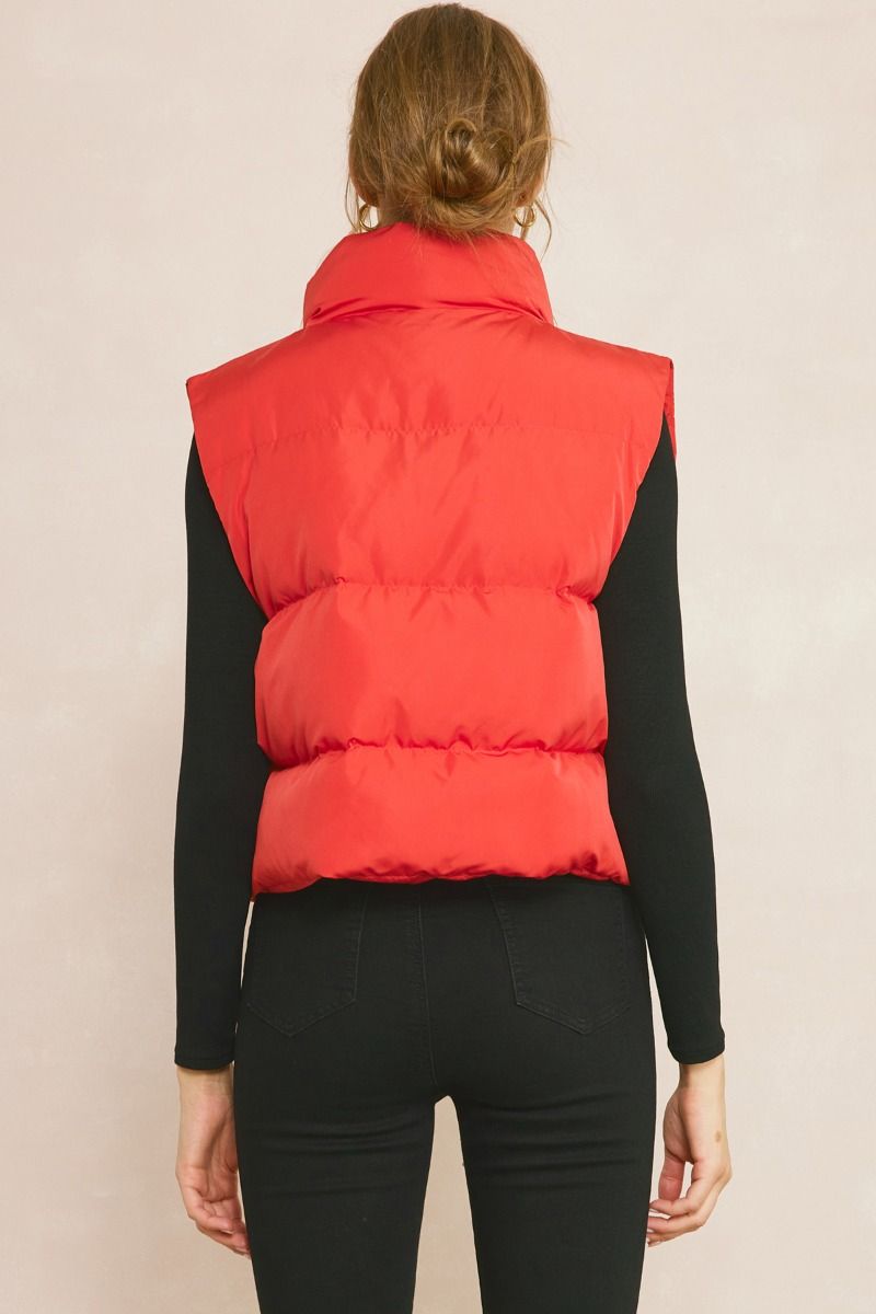 Red Cropped Puffer Zip-Up Vest