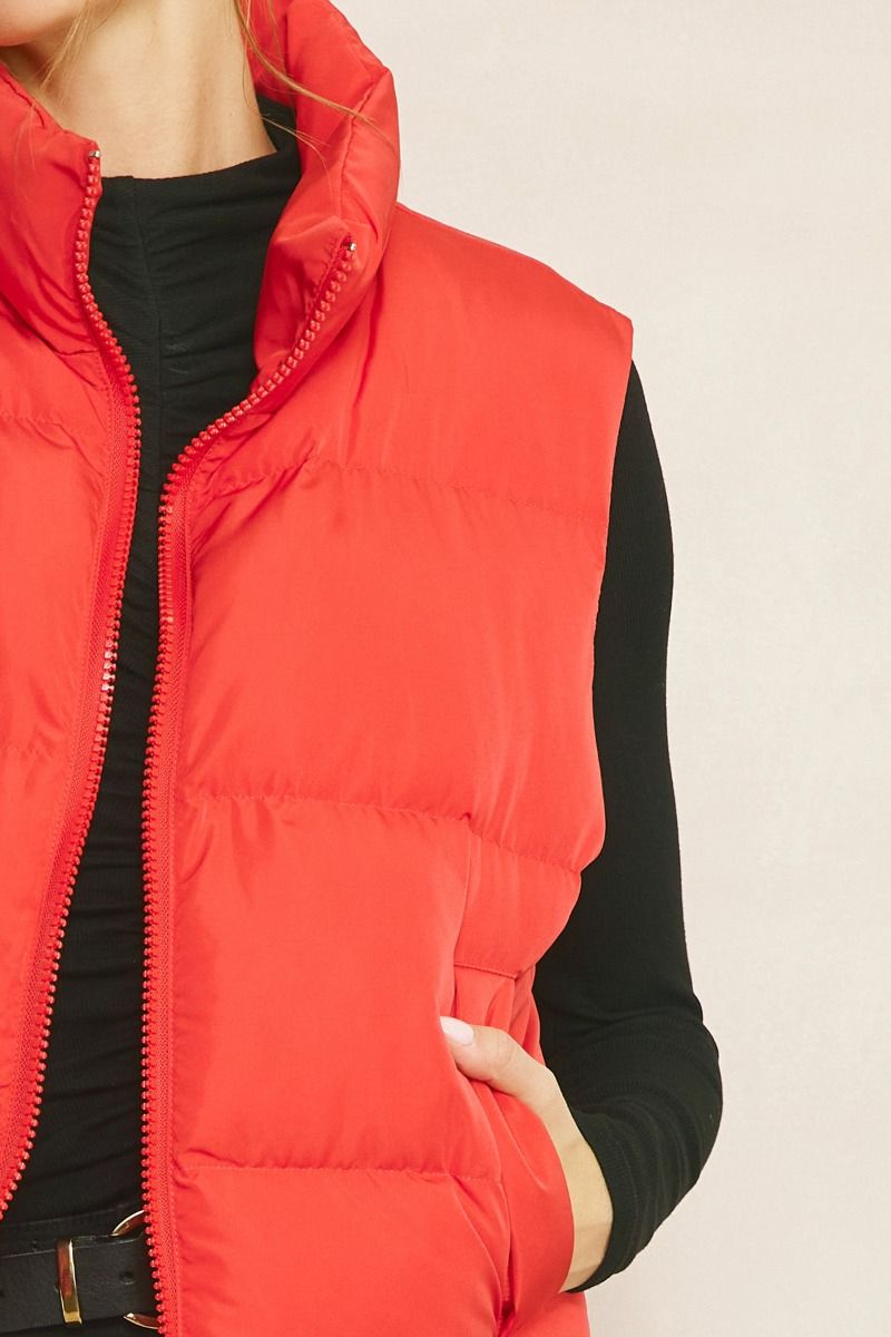 Red Cropped Puffer Zip-Up Vest