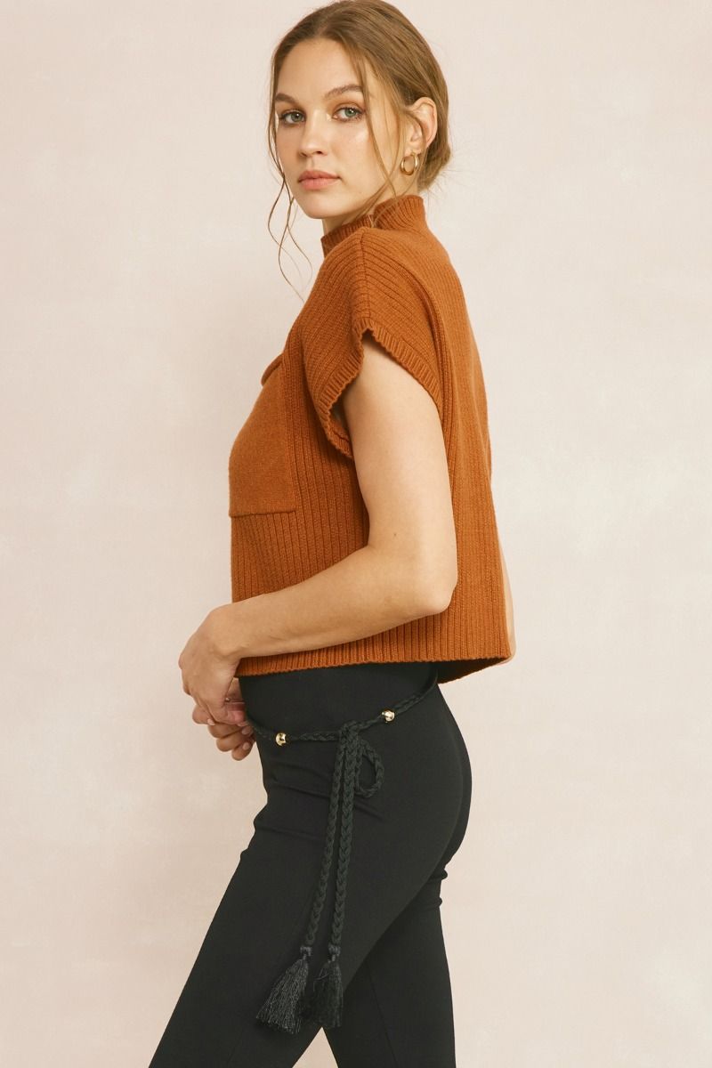 Copper Knitted Mock Neck Cropped Top