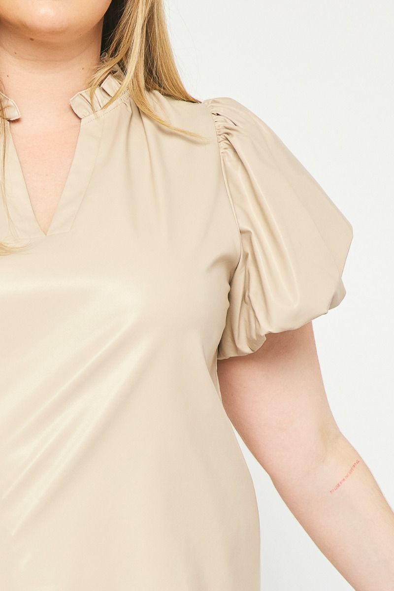 Faux Leather Short Sleeve V-Neck Top