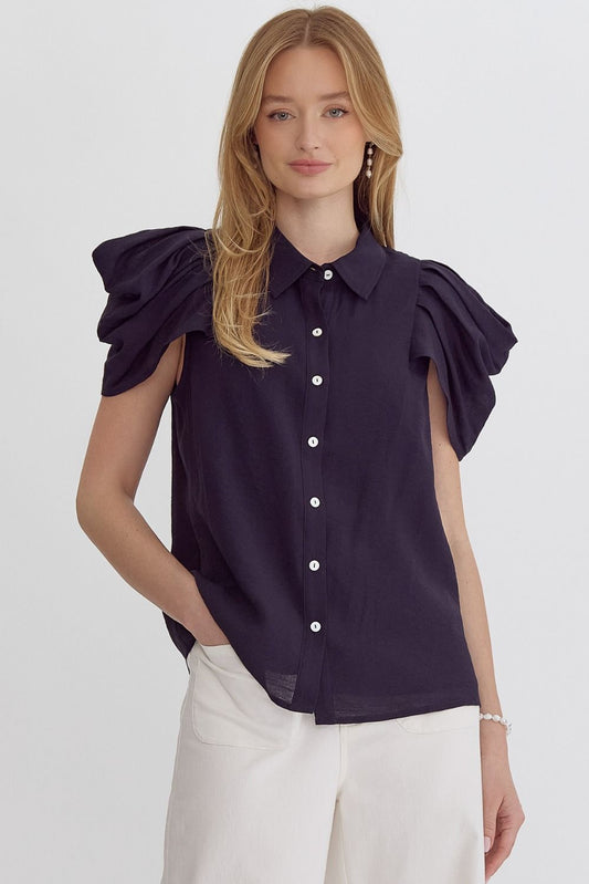 Navy Button Up Collared Top