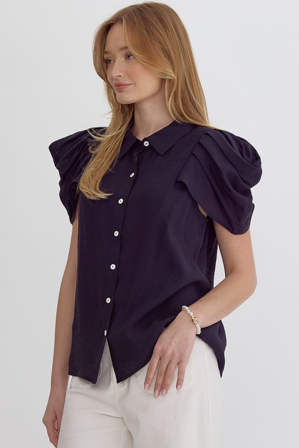 Navy Button Up Collared Top