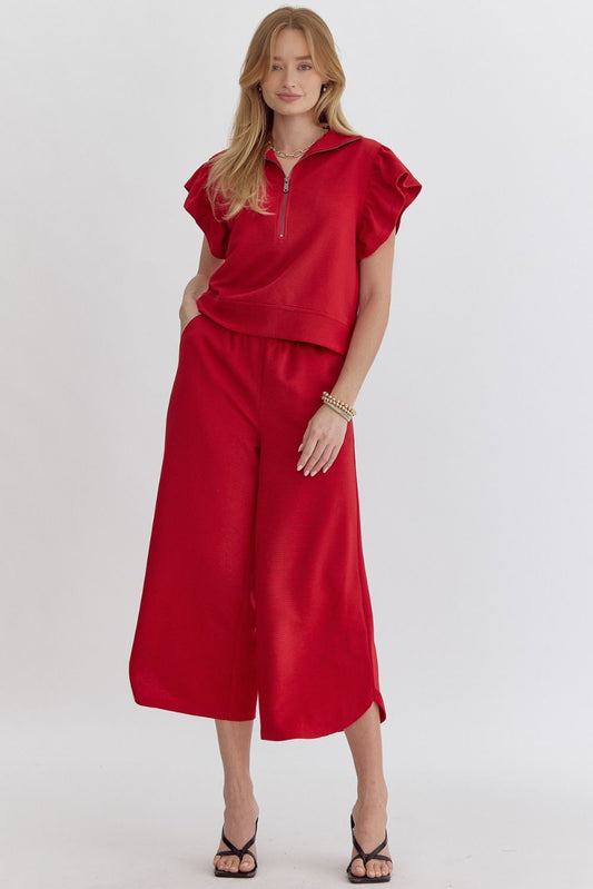 Red Ruffle Sleeve & Cropped Pant Set