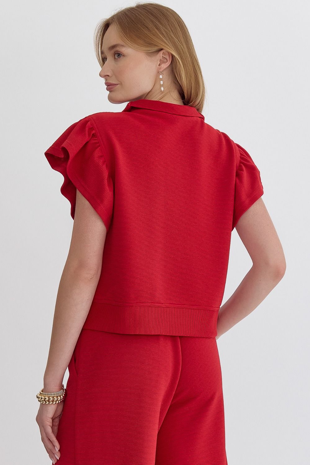 Red Ruffle Sleeve & Cropped Pant Set