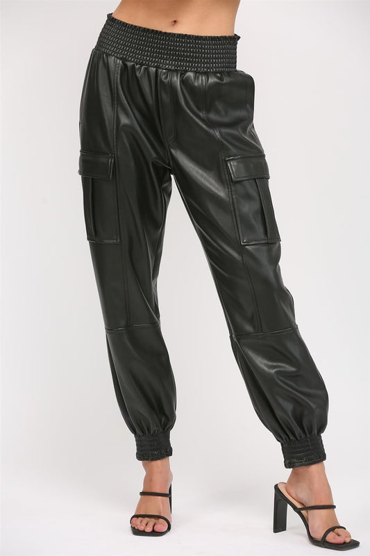 Black Faux Leather Cargo Jogger Pants