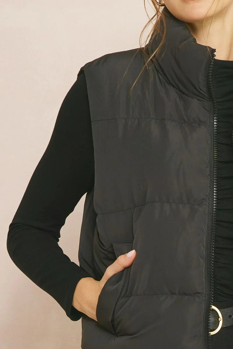 Black Cropped Puffer Zip-Up Vest