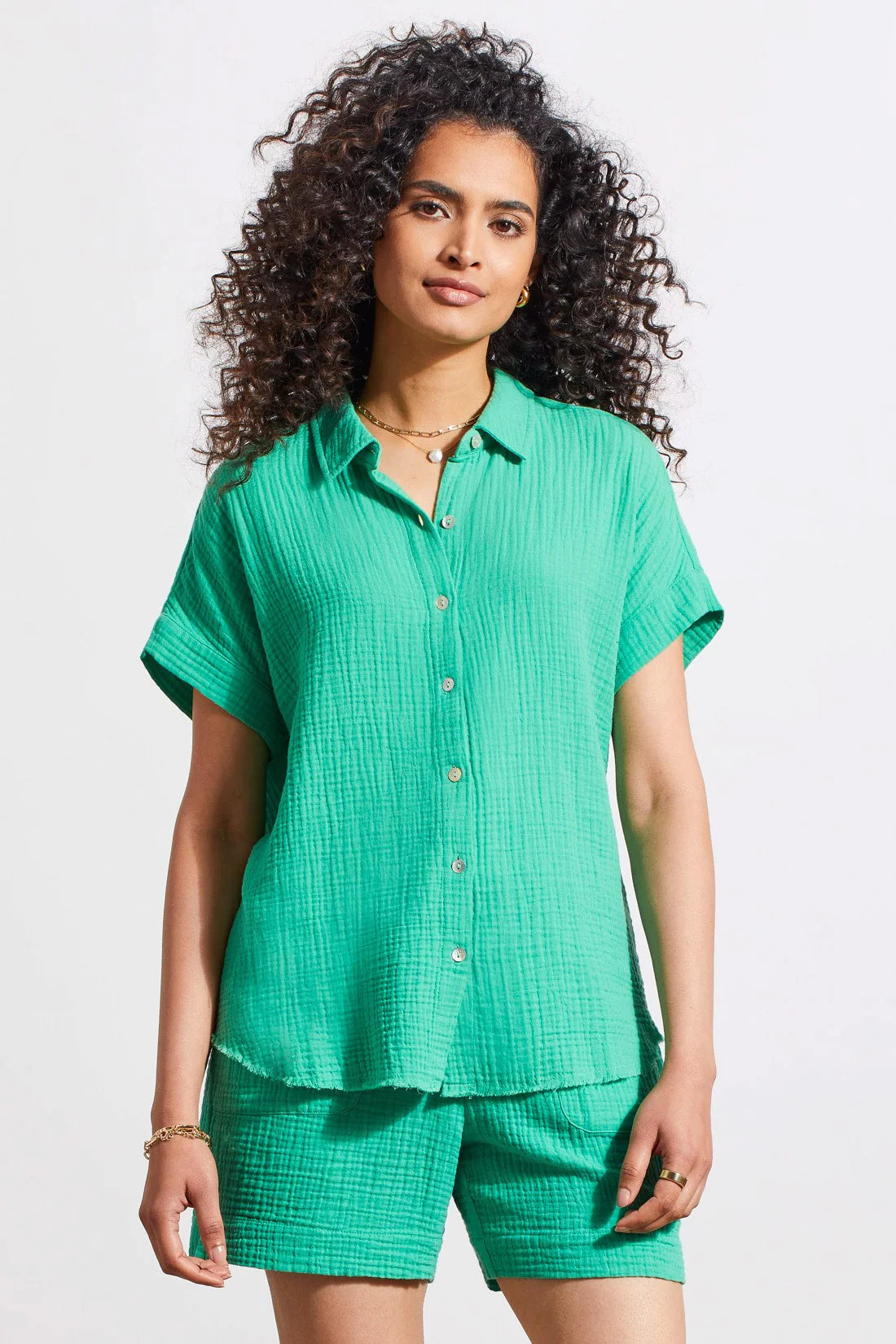 Jademist Cotton Gauze Button-Up Shirt With Short Sleeves