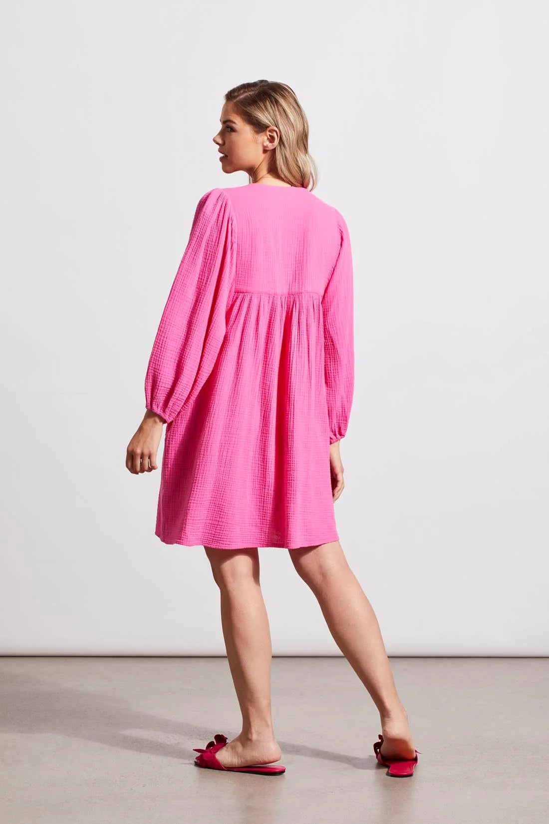 Hot Pink Cotton Gauze Puffy Sleeve Dress