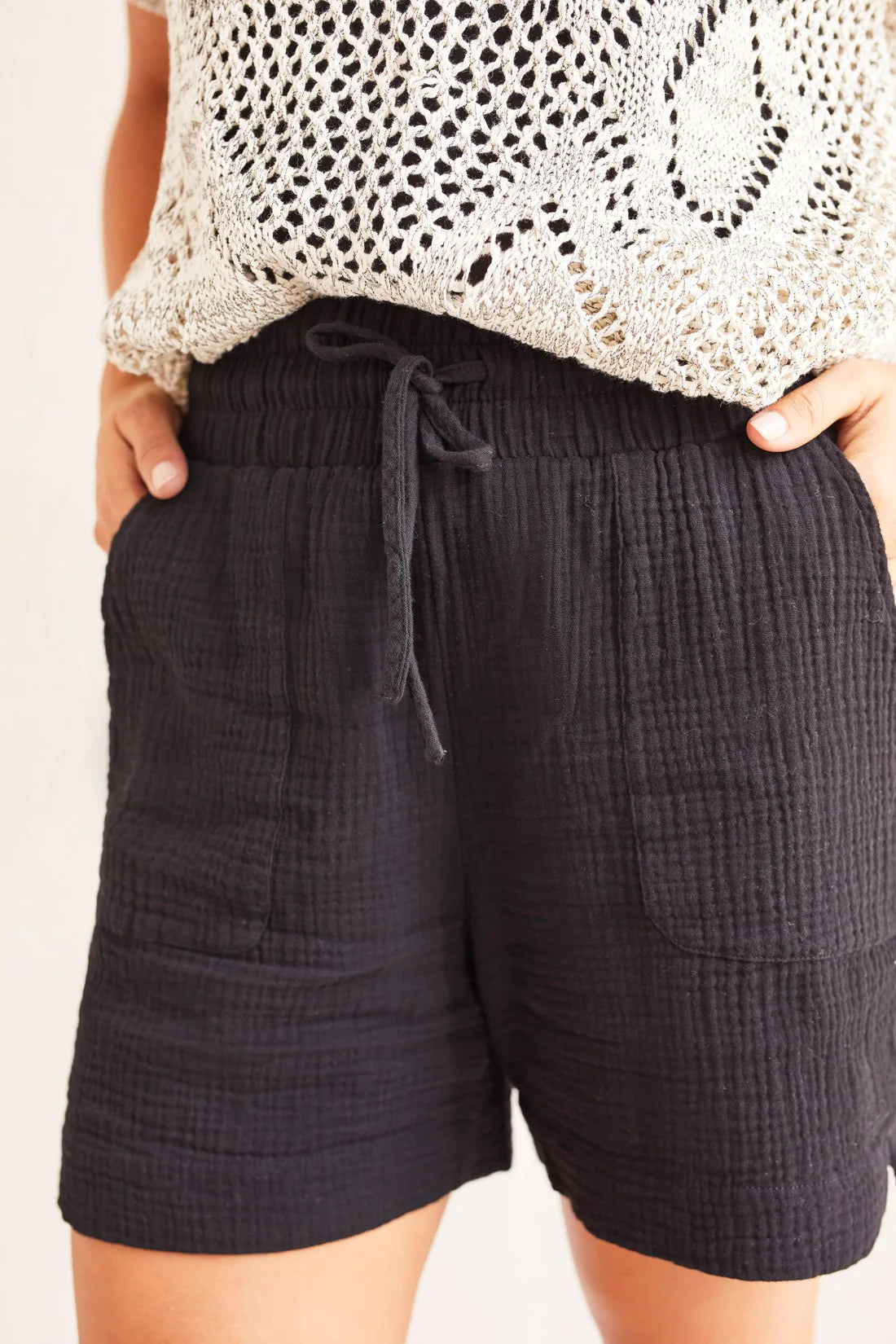 Black Cotton Gauze Shorts With Elastic Waist